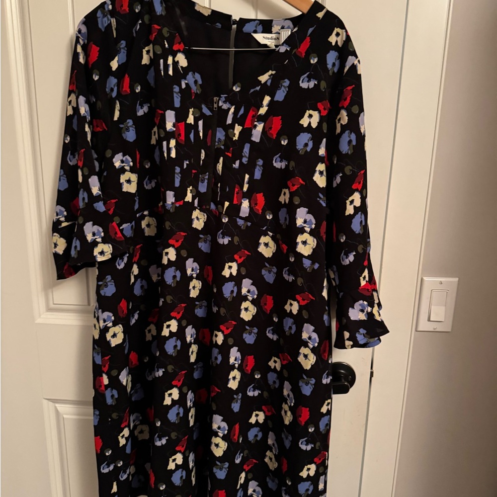 Floral Black Dress with Red and Blue Accents
